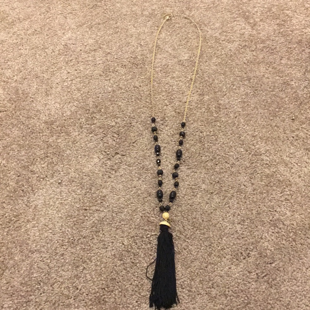Black and gold beaded tassel necklace